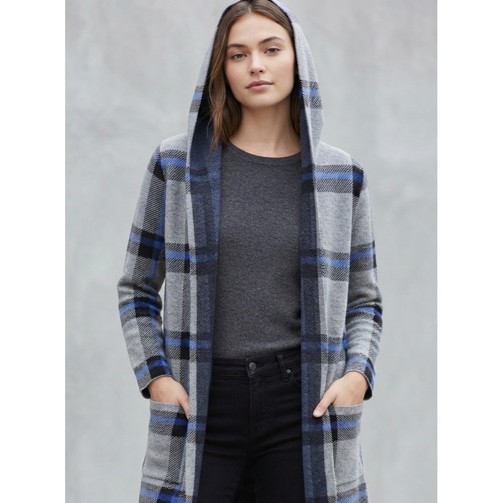 Max Studio Plaid Hooded Open Front Longline Cardigan Duster Sweater Grey Blue S